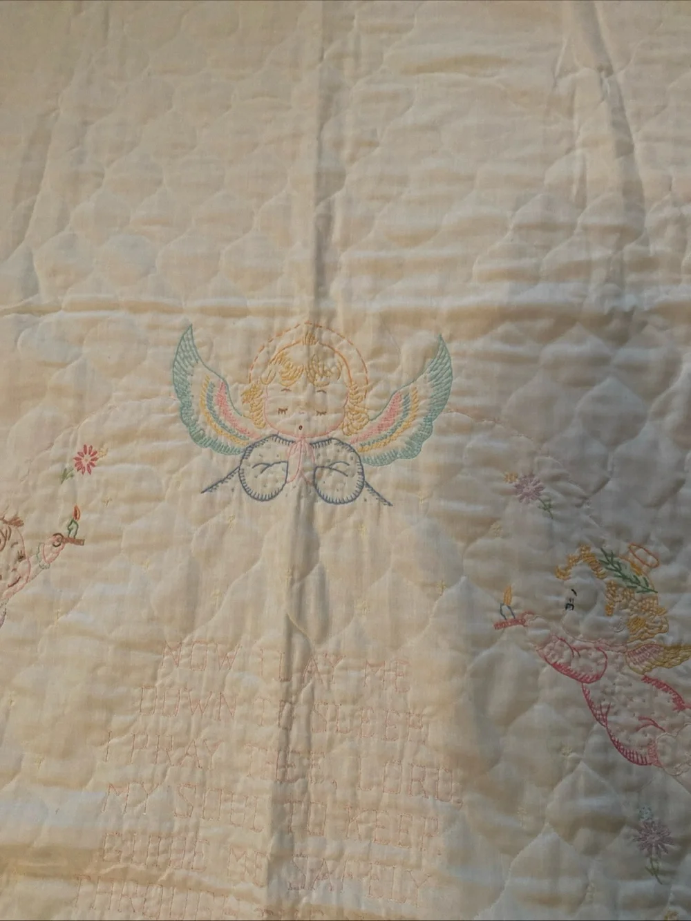 Vtg Hand Embroidered Bedtime Prayer Baby Quilt Now I Lay Me Down To Sleep 50’s